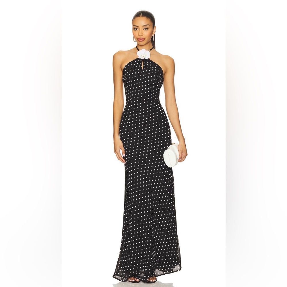Runaway The Label | Viella Maxi Dress in Black Polka Dot with removable flower